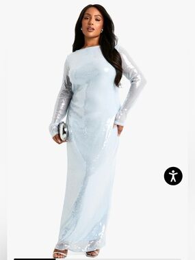 Boohoo Pale Blue Sequin Long Sleeve Maxi Dress US 14 UK 18